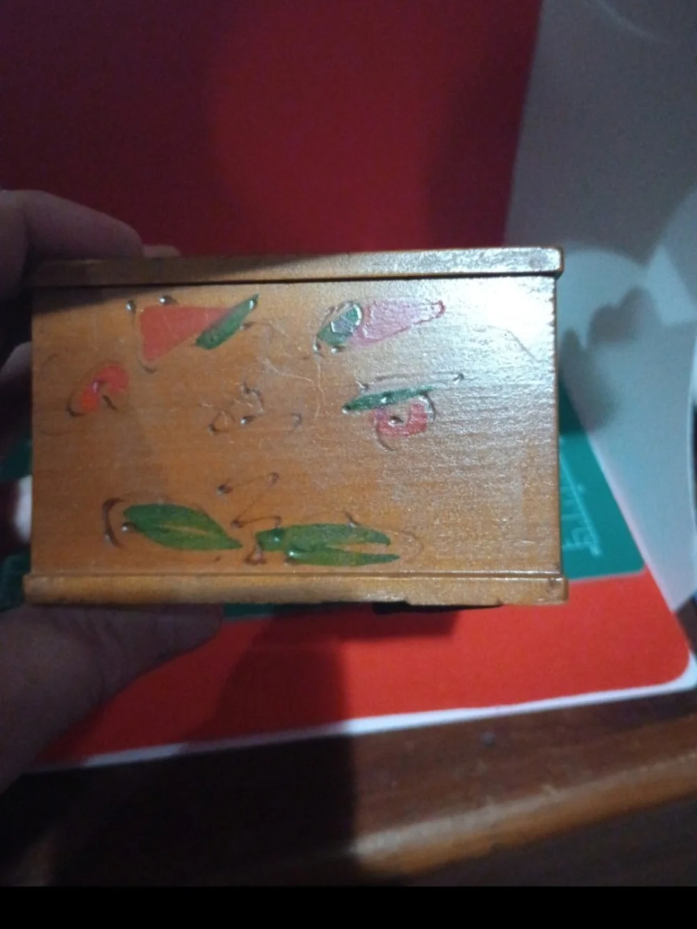 Hand-Painted Antique Wooden Cigarette dispenser with Floral Motif - Red & Green